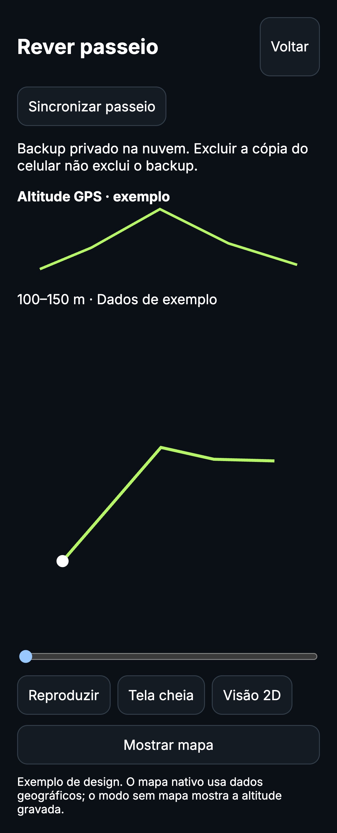 Gravação e revisão de passeios · Prévias localizadas do aplicativo · dados simulados